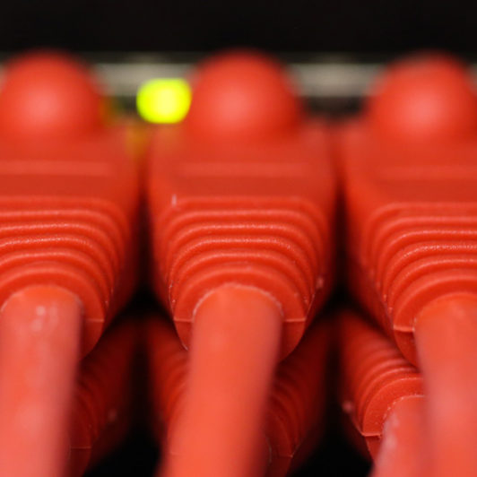 A bunch of Ethernet wire plugged in